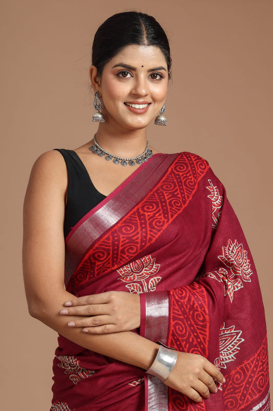 Maroon & Multi Coloured Linen Cotton Beautiful Hand Block printed Women Daily/Party wear Saree with Blouse!!