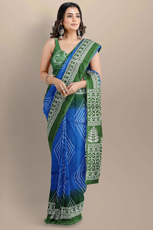 Sky Blue & Green Coloured Premium Mul Mul Cotton Beautiful Hand Block printed Women Daily/Party wear Saree with Blouse!!