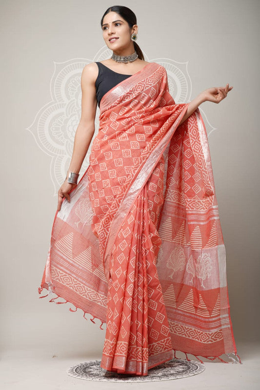 Peach & Multi Coloured Linen Cotton Beautiful Hand Block printed Women Daily/Party wear Saree with Blouse!!