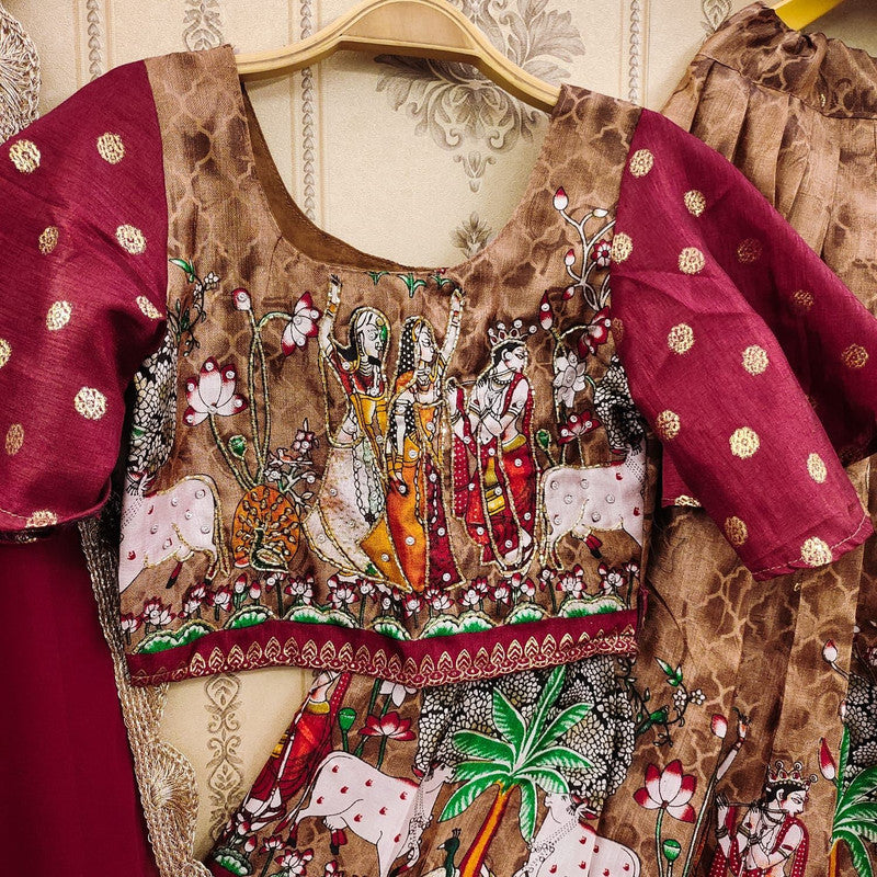 Brown & Multi Coloured Premium Soft Zari Silk with Designer Foil-Work & Zari Weaving Girls Lehenga Choli with Dupatta!!