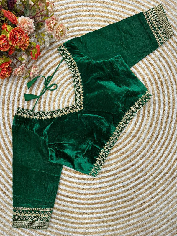 Green Coloured Premium Pure Velvet Heavy Embroidery & Handwork Woman Ready made Designer Bridal Blouse- Free Size Up to 38 Inch!!