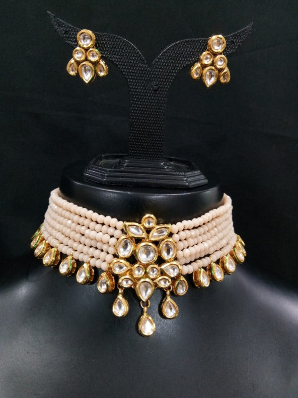 Cream & Gold Coloured Pure Brass Real Kundan Gold Plating Meenakari work Women Designer Choker Jewellery set with Earrings!!