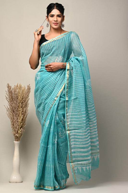 Rama Blue & Multi Coloured Kota Doriya Cotton Beautiful Hand Block printed Women Daily/Party wear Saree with Blouse!!