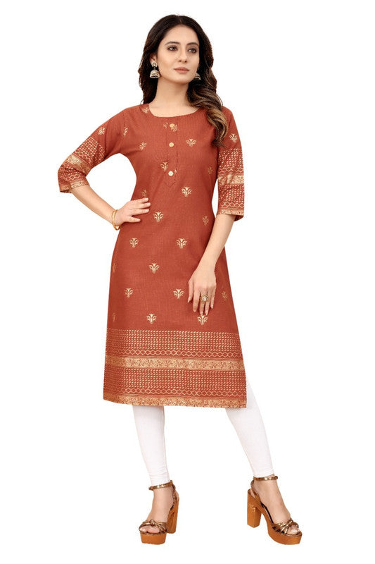 Brick Red Coloured Cotton Gold Foil Printed 3/4 Sleeves Stright Fit Kurti!!