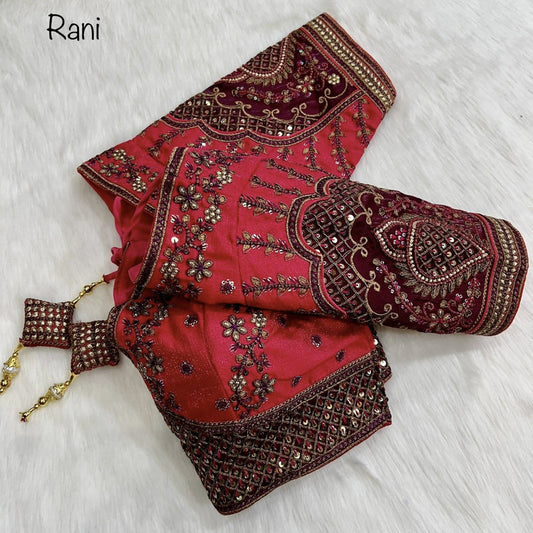 Rani Coloured Milan Silk Copper Jari With 4 Sequence Heavy Embroidery Work Ready Made Wedding Blouse!!