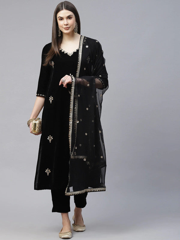 Black Solid embroidered Straight shape Kurta with Trousers and Dupatta