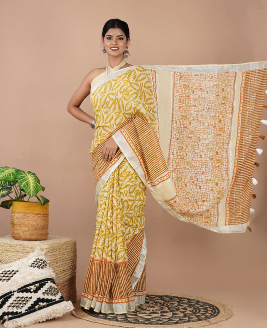 LINEN COTTON HAND PRINTED  SAREE WITH TAUSSAL