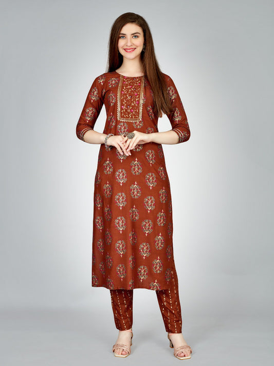 Rust & Multi Coloured Heavy Rayon with Embroidery work Women Designer Daily wear Kurti with Pant!!