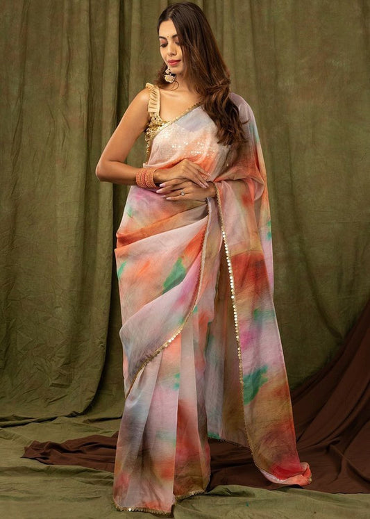 Pink & Multi Coloured Premium Khadi Organza with Digital print Women Party wear Oranza Silk Saree with Blouse!!