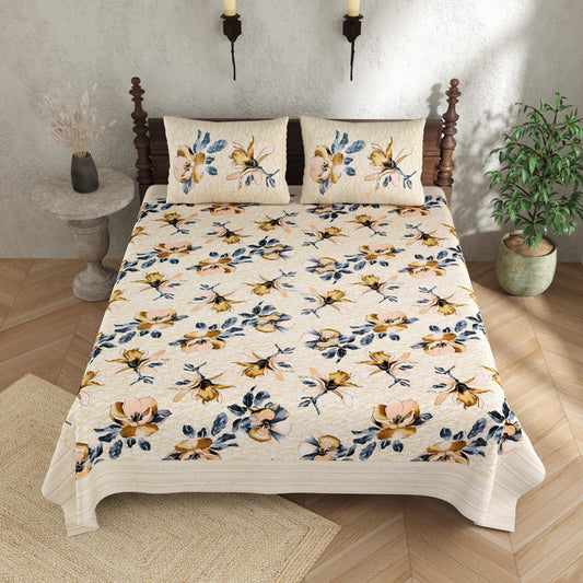 Beige & Blue Coloured Cotton Hand Print Queen size Double Bed sheet with Pillow covers!!