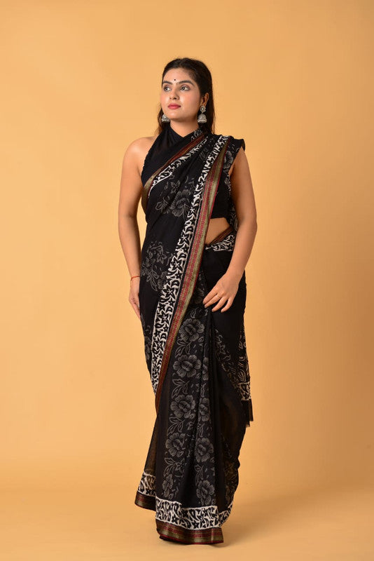 Black & Multi Coloured Pure Cotton with Beautiful Hand Block Printed Women Party/Daily wear Designer Cotton Saree with Blouse!!