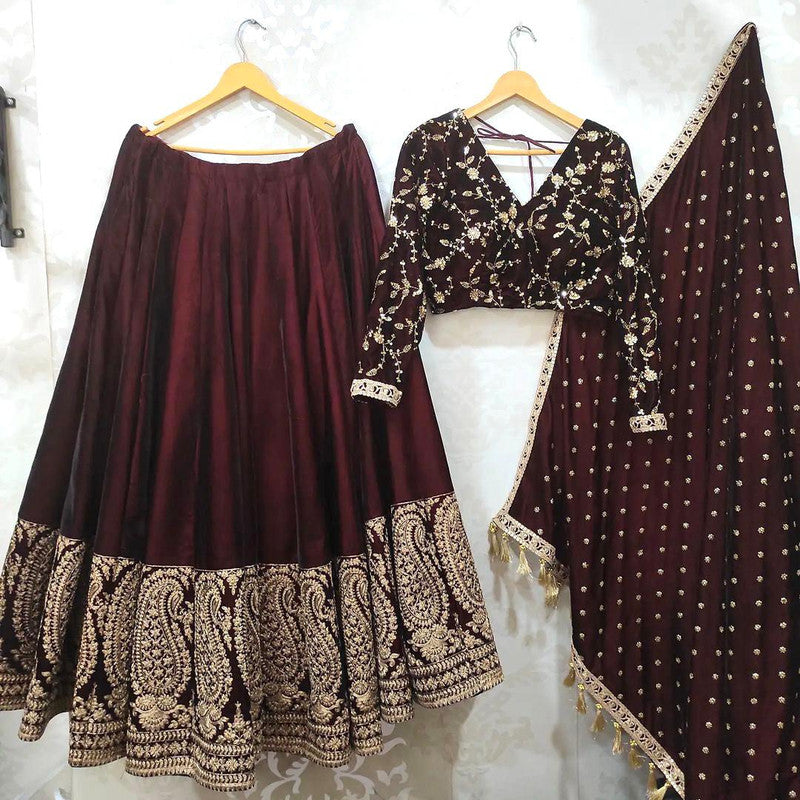 Wine Coloured Heavy Parampara Silk  With Heavy Embroidery Work Designer Wedding Lehenga Choli with Dupatta!!