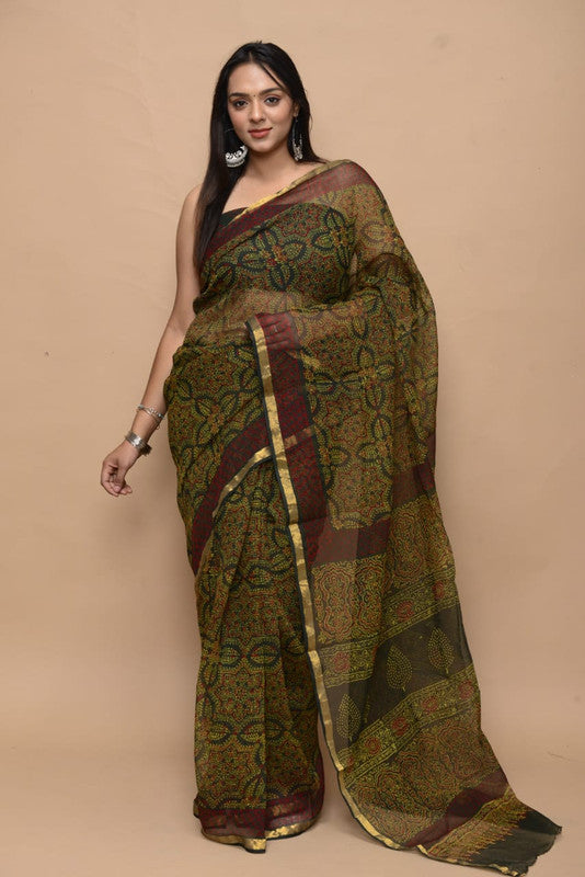 Mehendi Green with Maroon & Multi Coloured Kota Doria Cotton Hand block Print with Jari Border Women Designer Party wear Kota Doria Cotton Saree with Blouse!!