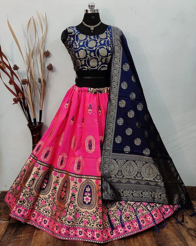 Pink & Blue Coloured Designer Banarasi Lehenga Choli with Dupatta!!