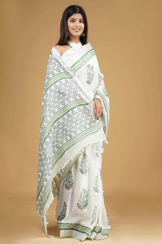 EXCLUSIVE HAND BLOCK  PRINTED LINEN SAREE!!