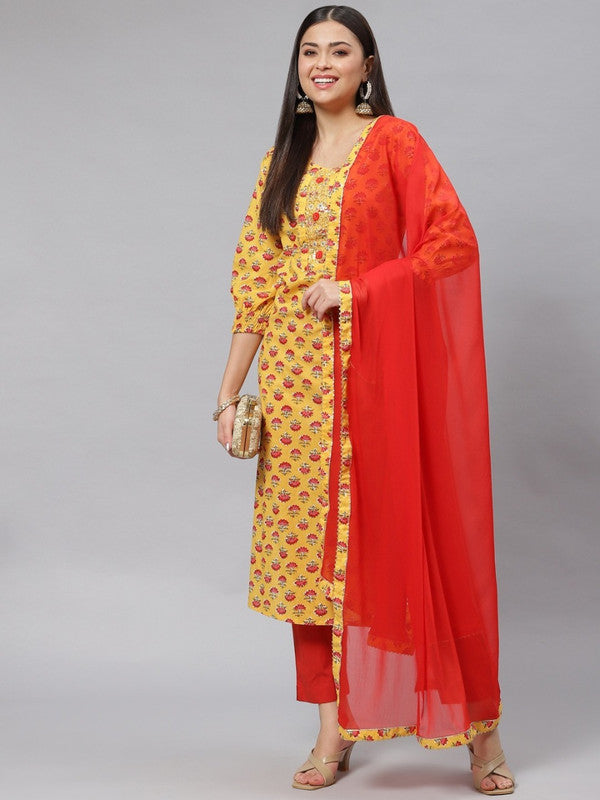 Yellow printed Kurta with Trousers & dupatta!!