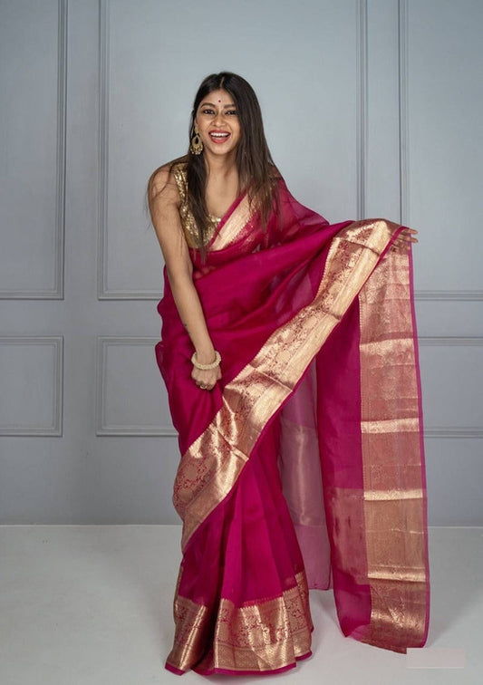 Dark Pink & Gold Coloured Pure Soft Oranza Silk with Antique Real Zari & Rich Pallu Women Party wear Oranza Silk Saree with Blouse!!