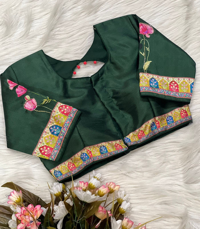 Green Coloured Pure Silk with Handmade work  Woman Ready made Designer Botique Style Blouse- Free Size Up to 42 Inch!!