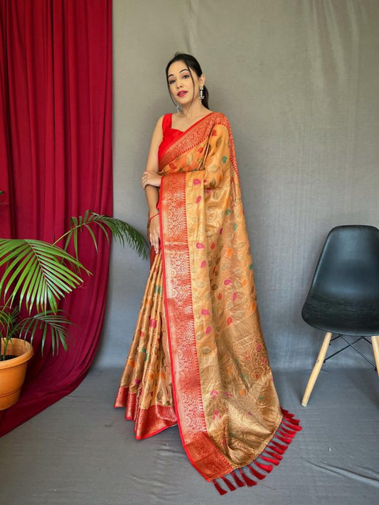 Orange & Multi Coloured Beautiful Meena Work with Elegant Jaal Women Party wear Pure Tissue Silk Saree with Blouse!!