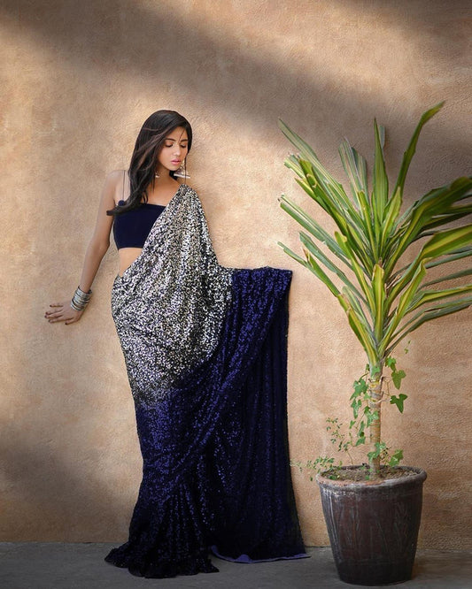 Navy Blue Coloured Premium Georgette with Sequence Embroidery Work Women Party wear Designer Georgette Saree with Blouse!!