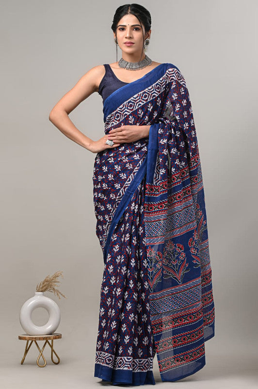 Blue & Multi Coloured Beautiful Hand Block printed Women Daily/Party wear Pure Cotton Saree with Blouse!!