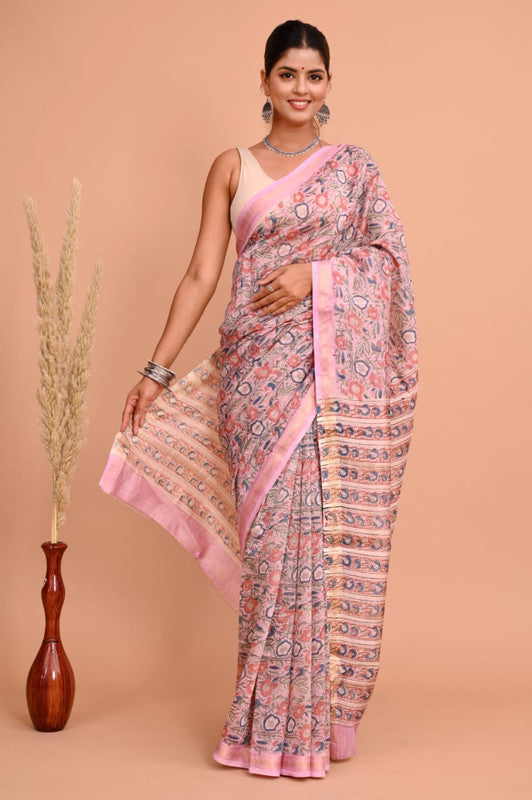 Pink & Multi Coloured Hand Block Printed Women Designer Party wear Maheshwari Cotton Silk Saree with Runnin Blouse!!