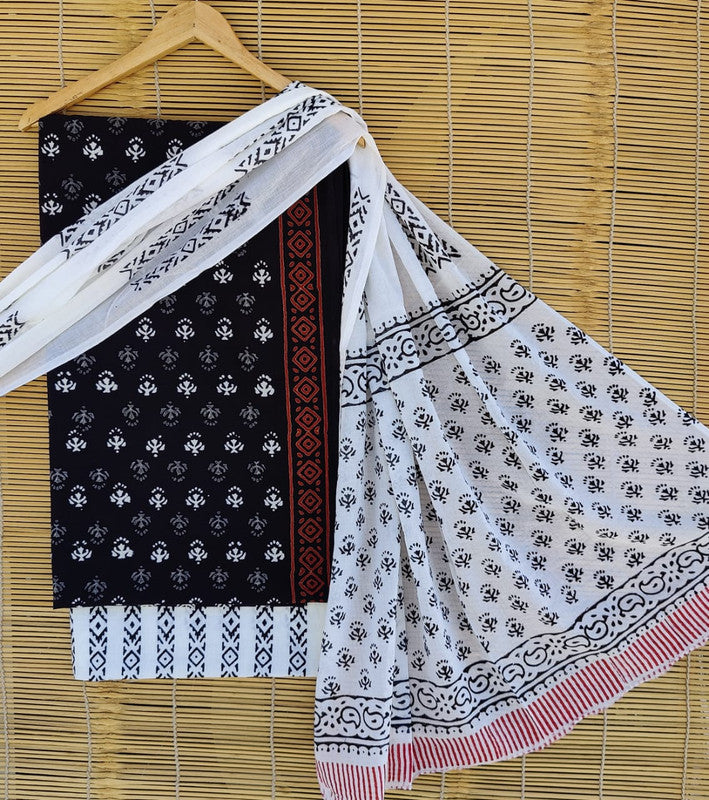 Black & White Coloured Unstitched Pure Cotton Hand Block Printed Women Party/Daily wear Dress Material Suit- Top with Bottom & Cotton Dupatta!!