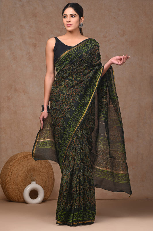 Green & Multi Coloured Hand Block Printed Women Designer Party wear Chanderi Cotton Silk Saree with Runnin Blouse!!