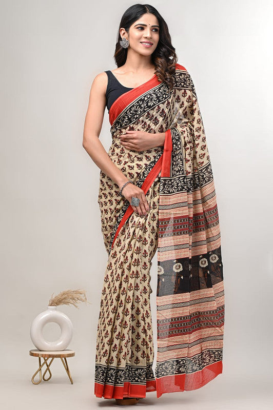 Beige & Multi Coloured Beautiful Hand Block printed Women Daily/Party wear Pure Cotton Saree with Blouse!!