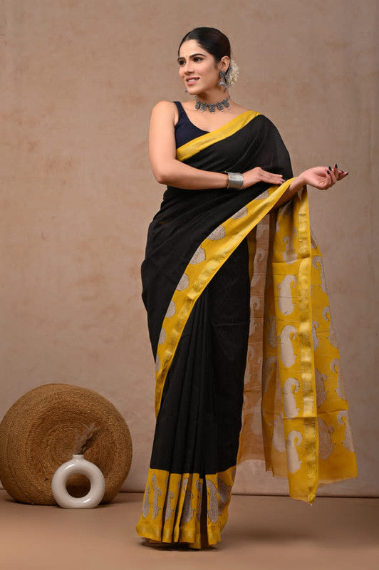 Black & Multi Coloured Hand Block Printed Women Designer Party wear Maheshwari Cotton Silk Saree with Runnin Blouse!!