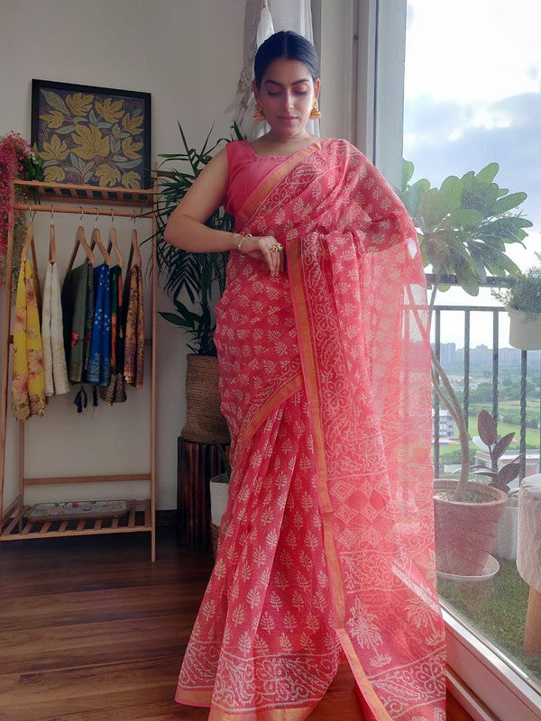 Pink & White Coloured Hand Block Printed Women Designer Party wear Kota Doria Cotton Saree with Runnin Blouse!!