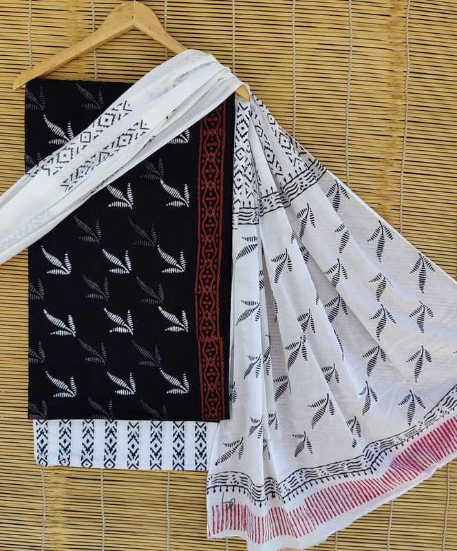 Black & White Coloured Unstitched Pure Cotton Hand Block Printed Women Party/Daily wear Dress Material Suit- Top with Bottom & Cotton Dupatta!!
