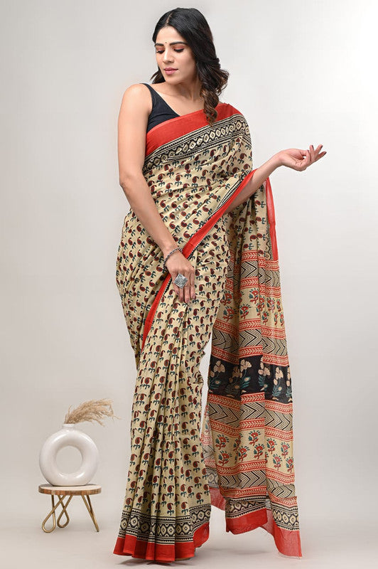 Light Yellow & Multi Coloured Beautiful Hand Block printed Women Daily/Party wear Pure Cotton Saree with Blouse!!