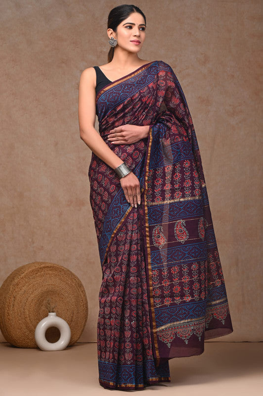 Wine & Multi Coloured Hand Block Printed Women Designer Party wear Chanderi Cotton Silk Saree with Runnin Blouse!!