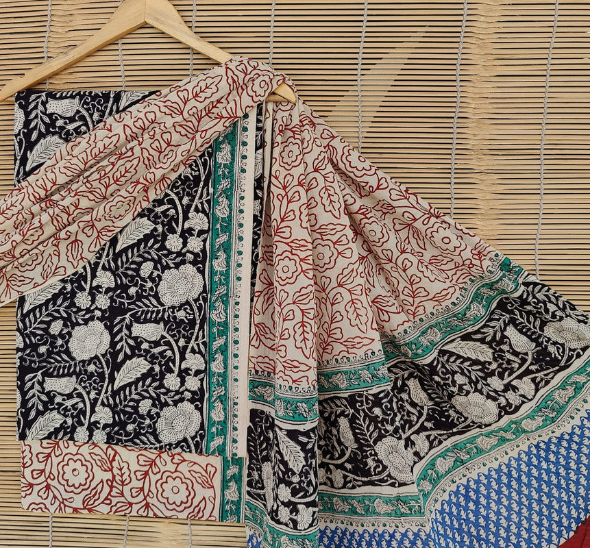 Black & Beige Coloured Unstitched Pure Cotton Hand Block Printed Women Party/Daily wear Dress Material Suit- Top with Bottom & Cotton Dupatta!!