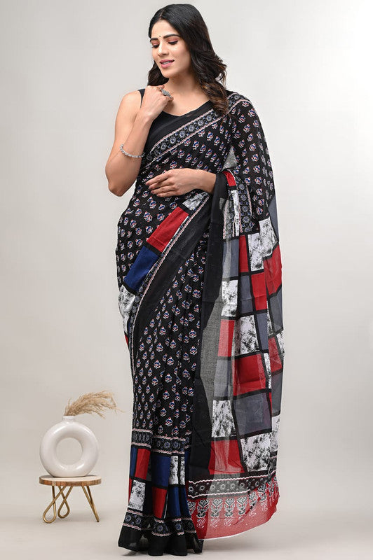 Black & Multi Coloured Beautiful Hand Block printed Women Daily/Party wear Pure Cotton Saree with Blouse!!