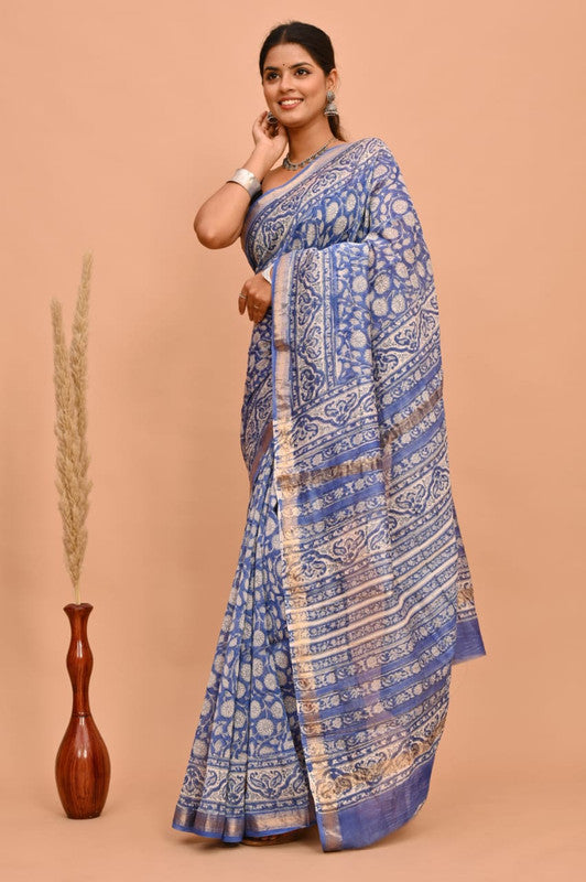 Blue & White Coloured Hand Block Printed Women Designer Party wear Maheshwari Cotton Silk Saree with Runnin Blouse!!