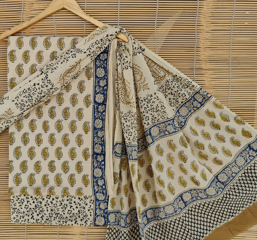 Light Yellow & Beige Coloured Unstitched Pure Cotton Hand Block Printed Women Party/Daily wear Dress Material Suit- Top with Bottom & Cotton Dupatta!!
