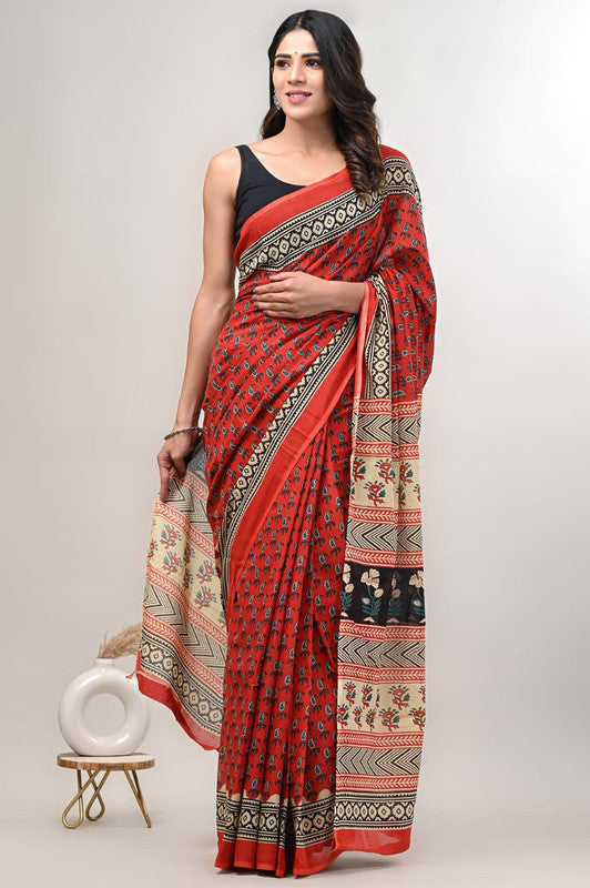 Red & Beige Coloured Beautiful Hand Block printed Women Daily/Party wear Pure Cotton Saree with Blouse!!