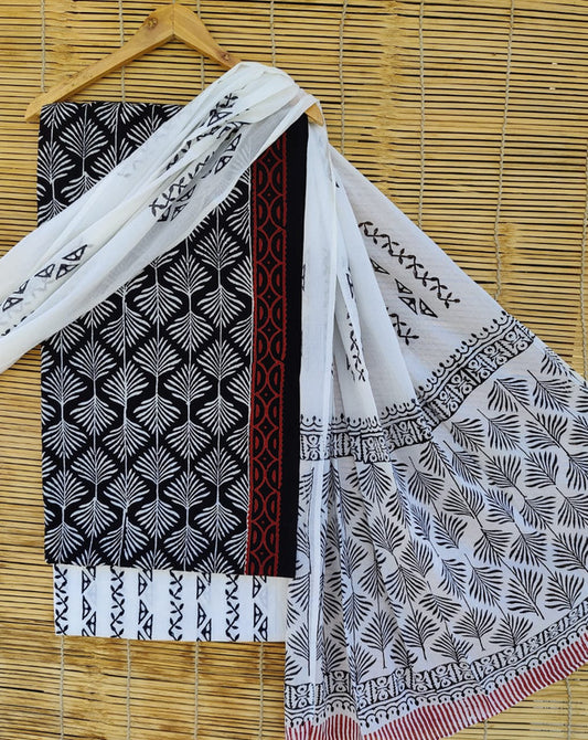 Black & White Coloured Unstitched Pure Cotton Hand Block Printed Women Party/Daily wear Dress Material Suit- Top with Bottom & Cotton Dupatta!!