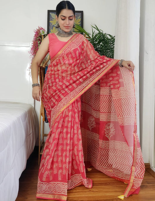 Pink & White Coloured Hand Block Printed Women Designer Party wear Kota Doria Cotton Saree with Runnin Blouse!!