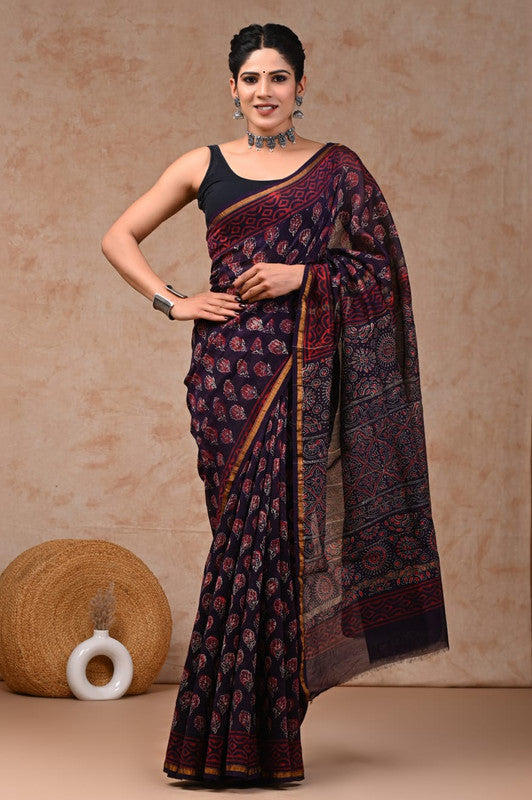 Navy Blue & Multi Coloured Hand Block Printed Women Designer Party wear Chanderi Cotton Silk Saree with Runnin Blouse!!