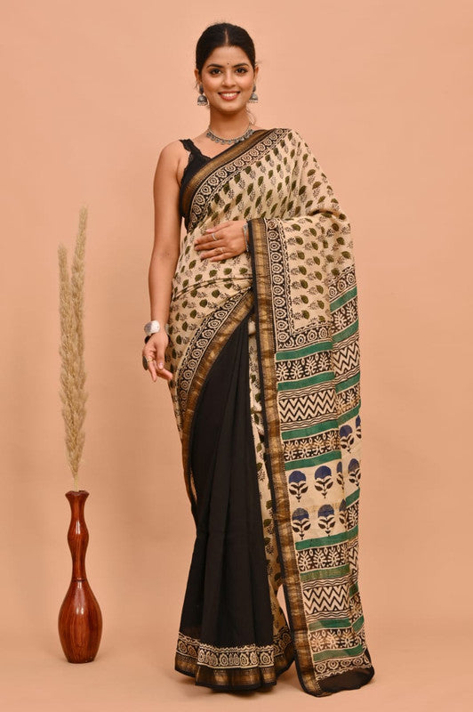 Beige & Multi Coloured Hand Block Printed Women Designer Party wear Maheshwari Cotton Silk Saree with Runnin Blouse!!