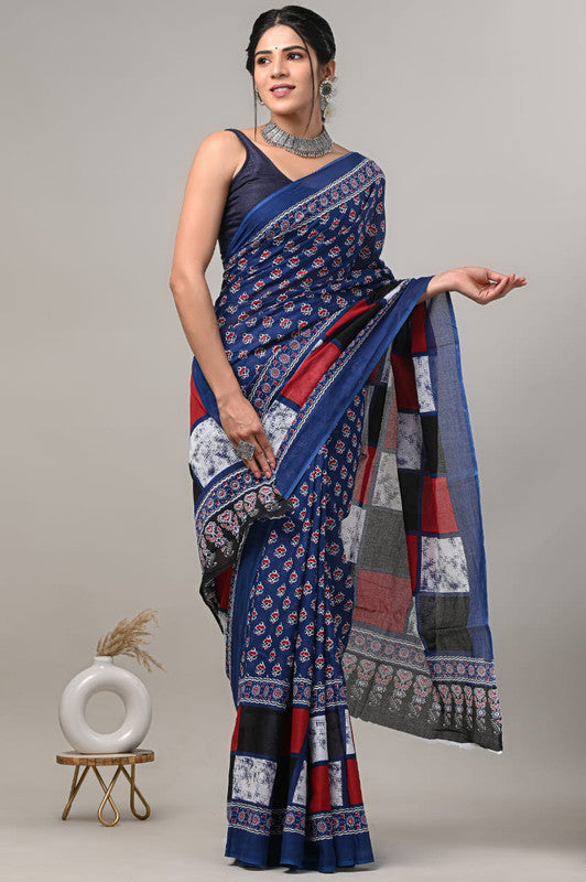 Blue & Multi Coloured Beautiful Hand Block printed Women Daily/Party wear Pure Cotton Saree with Blouse!!