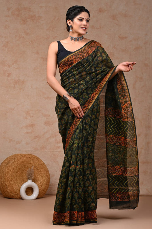 Mehendi Green & Multi Coloured Hand Block Printed Women Designer Party wear Chanderi Cotton Silk Saree with Runnin Blouse!!