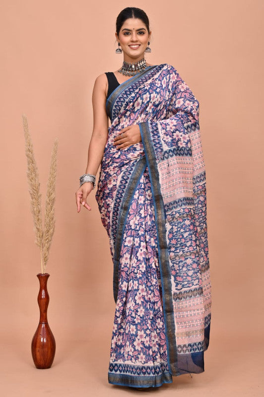 Blue & Multi Coloured Hand Block Printed Women Designer Party wear Maheshwari Cotton Silk Saree with Runnin Blouse!!