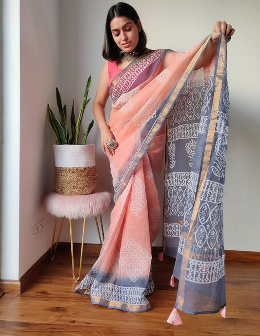 Peach & Multi Coloured Hand Block Printed Women Designer Party wear Kota Doria Cotton Saree with Runnin Blouse!!