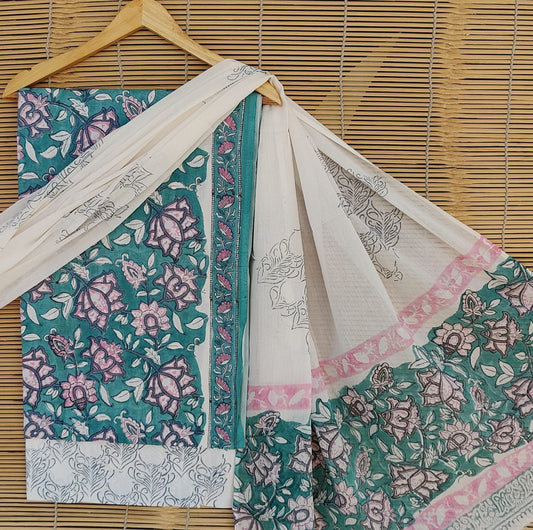 Green & Multi Coloured Unstitched Pure Cotton Hand Block Printed Women Party/Daily wear Dress Material Suit- Top with Bottom & Cotton Dupatta!!