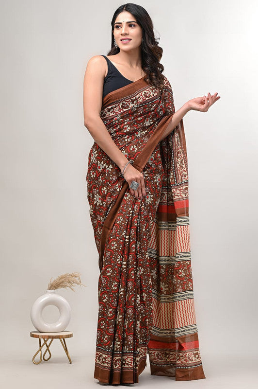 Brown & Multi Coloured Beautiful Hand Block printed Women Daily/Party wear Pure Cotton Saree with Blouse!!