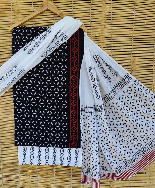 Black & White Coloured Unstitched Pure Cotton Hand Block Printed Women Party/Daily wear Dress Material Suit- Top with Bottom & Cotton Dupatta!!